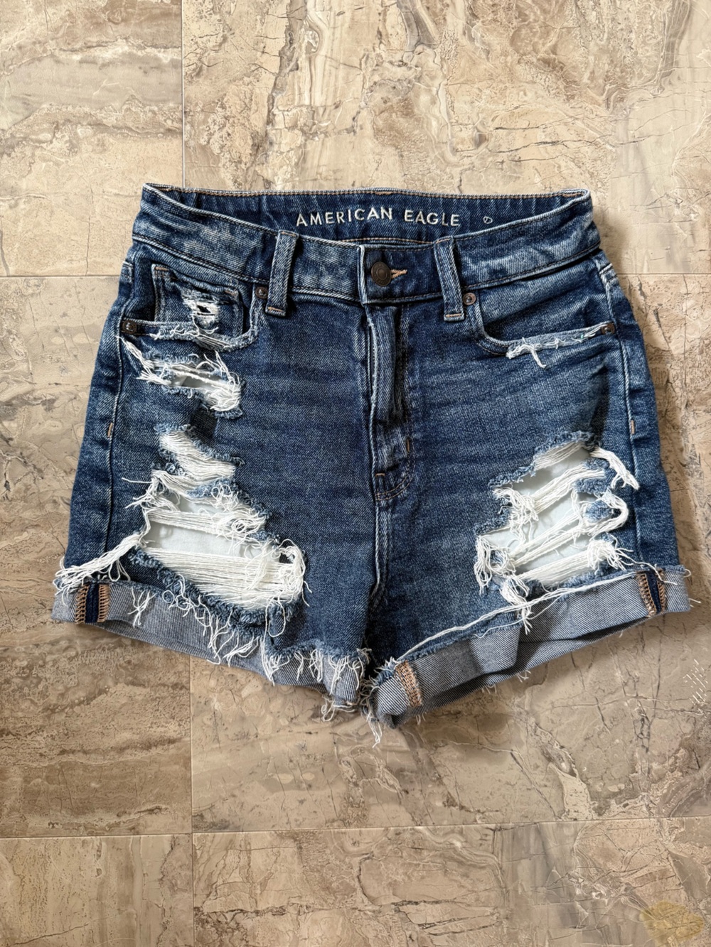 American Eagle Outfitters Women's Distressed Stretch Mom Shorts - Dark Blue